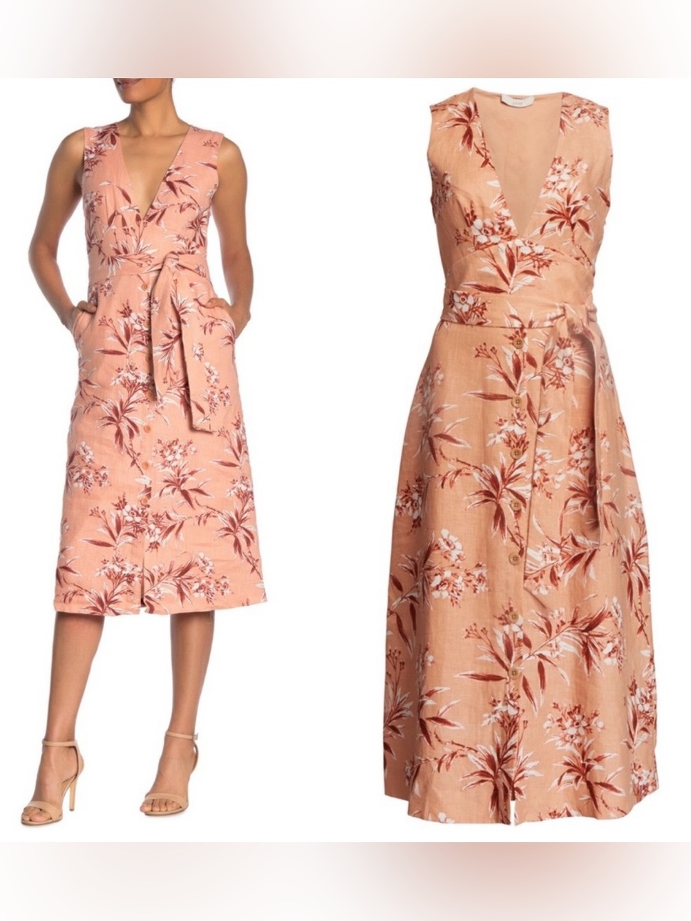 Joie Floral Linen Blend Button-Down Midi Dress - Size XS peach